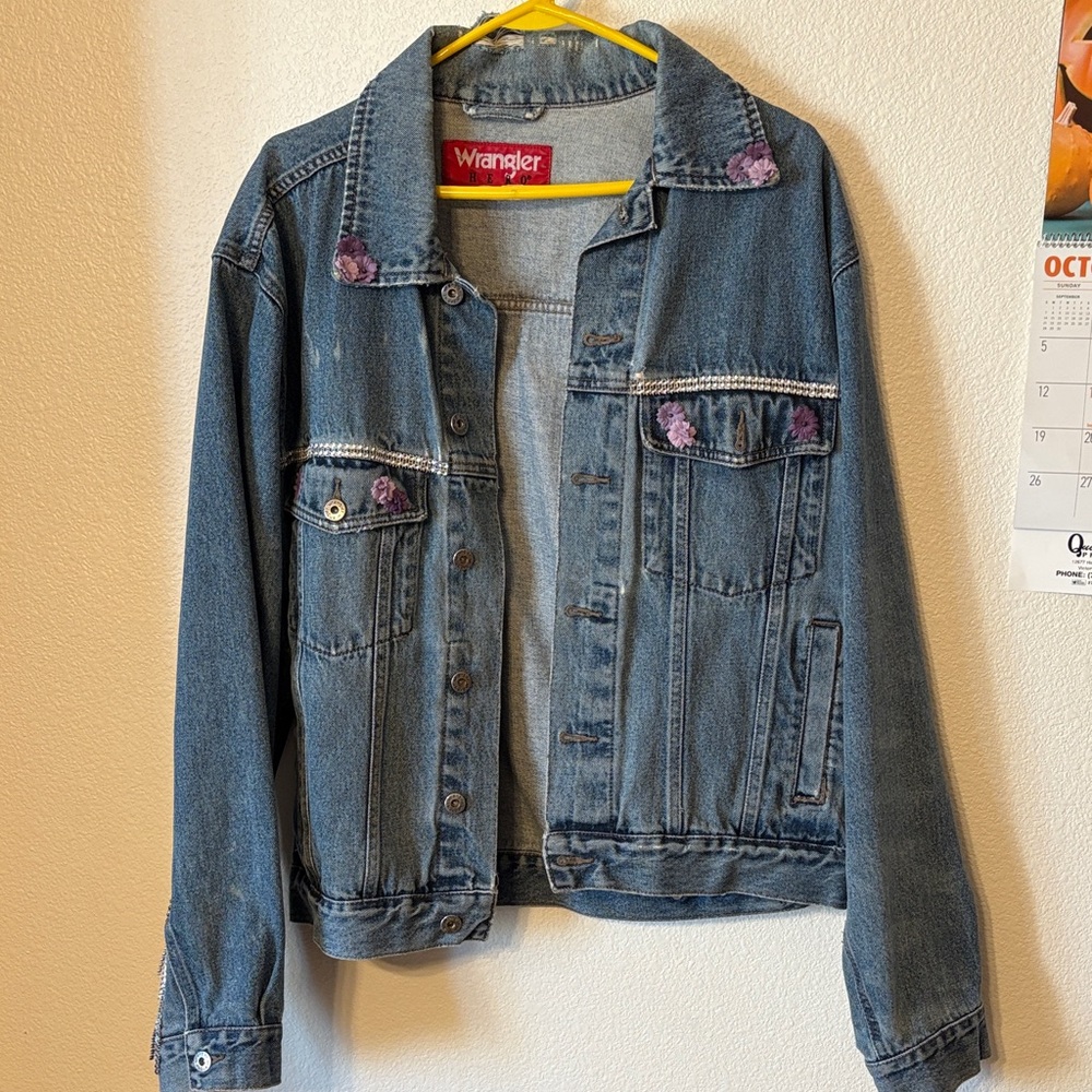 Wrangler Distressed Denim Jacket with Purple Floral Details and Crystals